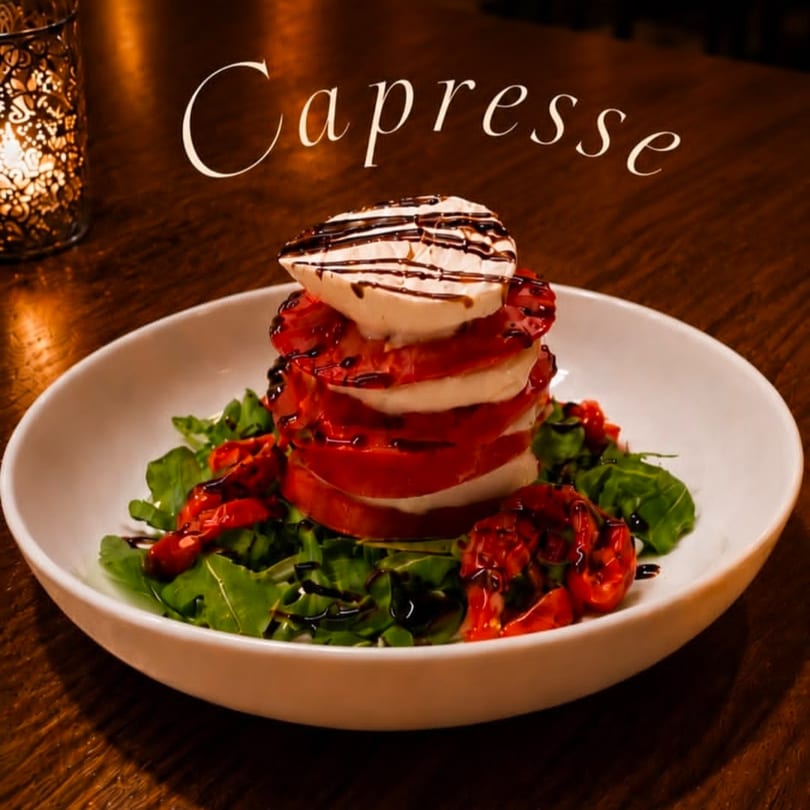 Caprese salad with stacked mozzarella, tomatoes, balsamic glaze, and arugula in a white bowl.